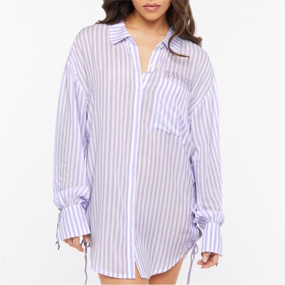 Savage X Fenty Coastal Stripe Woven Voile Sleep Long-Sleeve Shirt